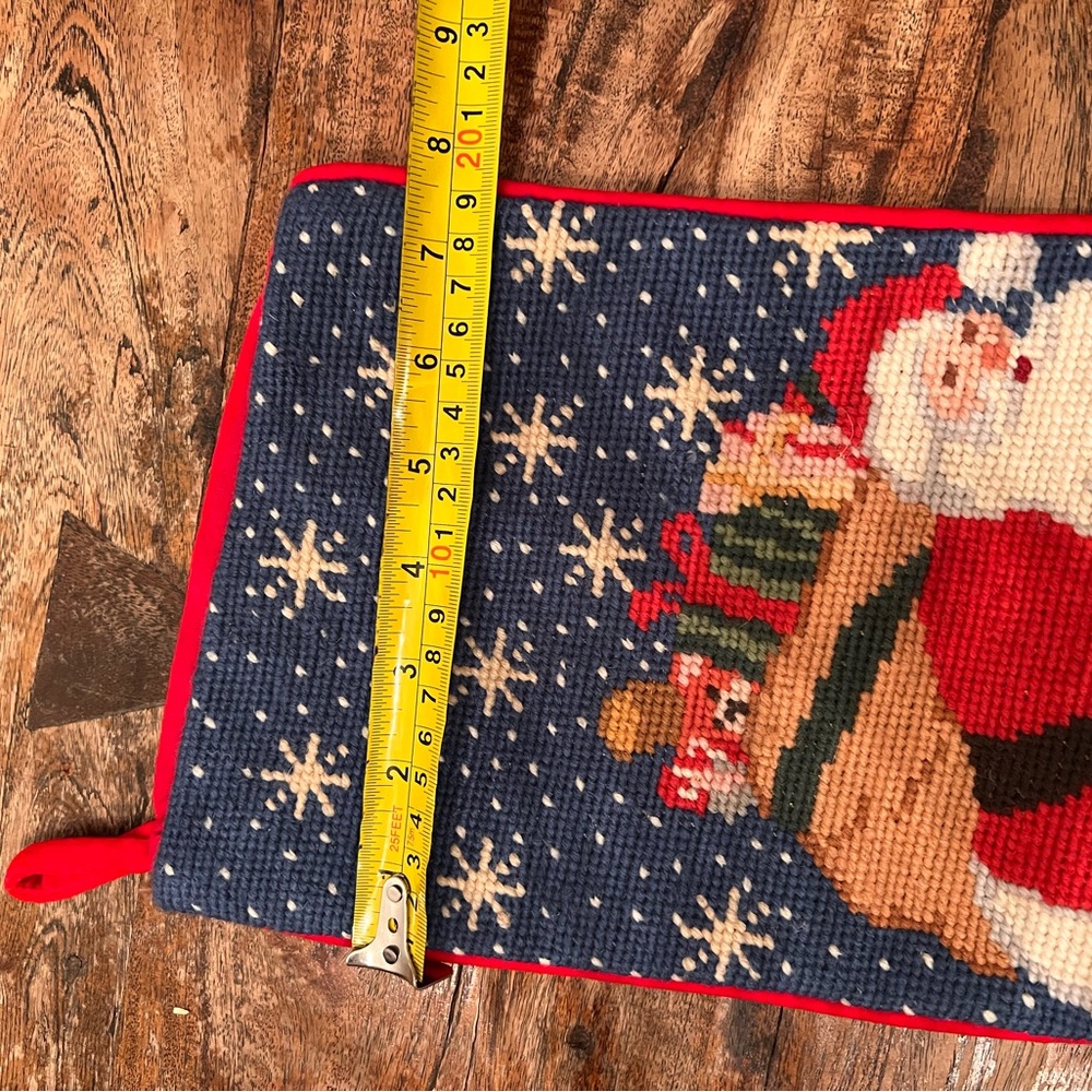 Needlepoint Christmas Stocking Santa Claus & Gift On Chimney Red Velvet Back Vtg - Picture 10 of 12